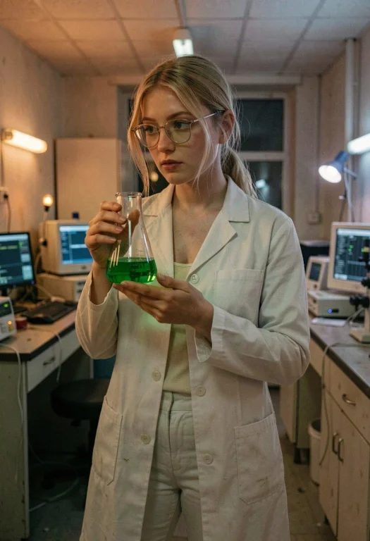 A Young Blonde Woman Scientist Working In A Worn Down Hospit...
