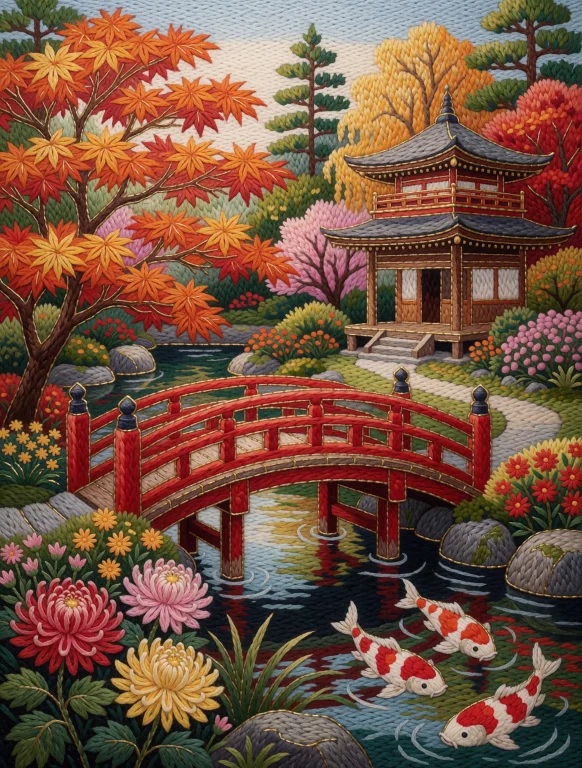 An Autumn Japanese Temple Garden Rendered As Dense Embroider...