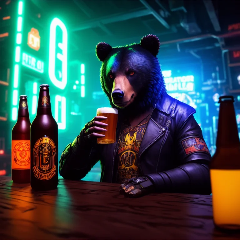 A Bear Drinking Beer In A Cyberpunk Saloon , 8k Unity Render...