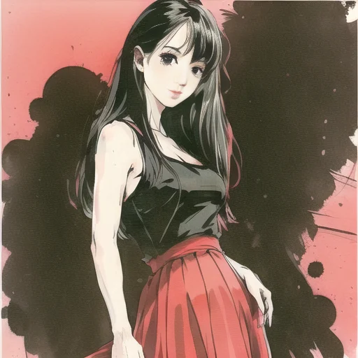 A Woman, Black Hair, 1980s Style, Red Sleeveless Dress, Long...