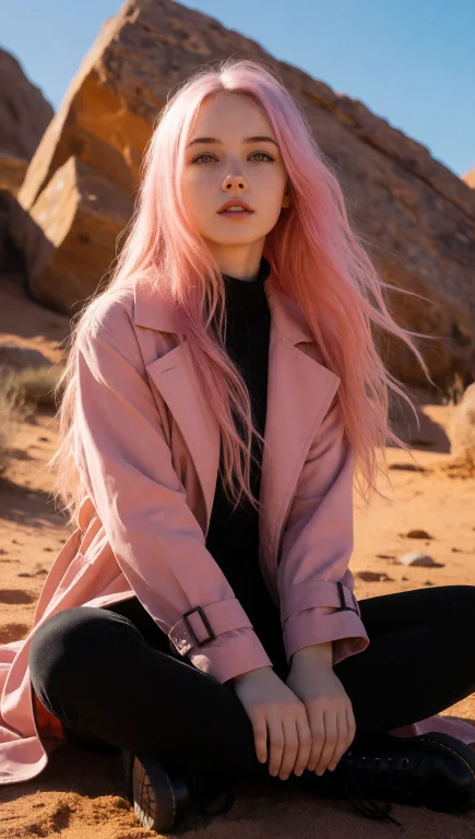 A Young Woman With Long, Flowing Pink Hair Sits Cross-legged...