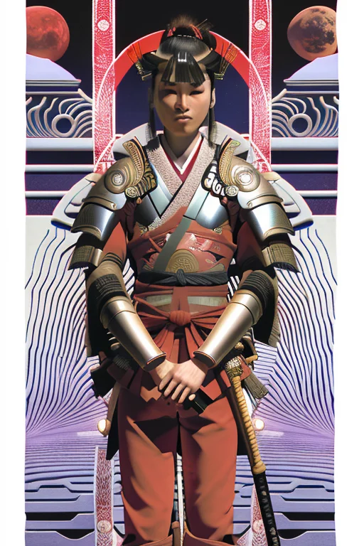 A Samurai Warrior Holding A Sword, In Space, Planets, Stars,...