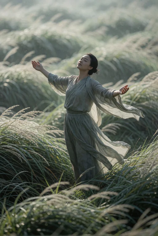 The Figure Stands In A Field Of Tall Grass, Arms Extended Ou...