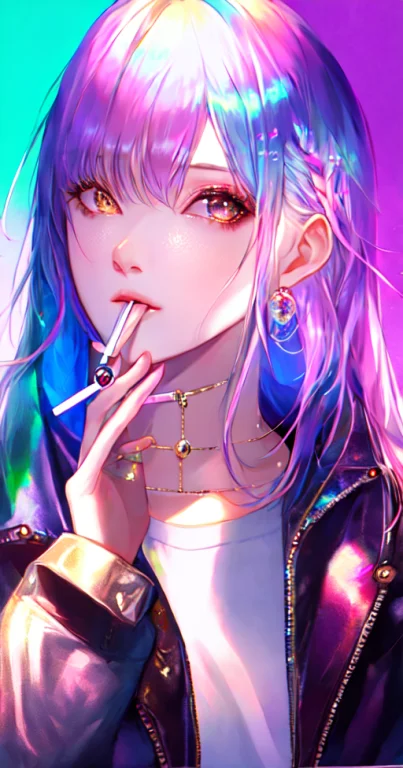 Girl, Anime, Looking At Viewer With A Cigarette In Her Mouth...