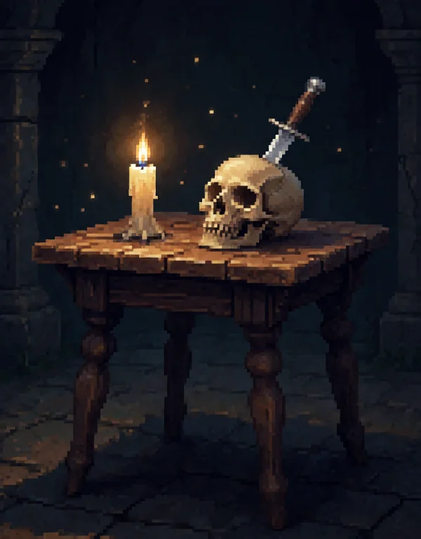 Pixelart, Scene With An Old Wooden Table And A Glowing Candl...