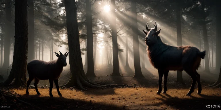 Black Goat In A Dark Eerie Forest, Fantasy And Fog, Sun Beam...