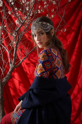 A Woman Looks Over Her Shoulder Against A Vivid Red Fabric B... — Stable Diffusion AI Prompt: A woman looks over her shoulder against a vivid red fabric backdrop beside a gna...