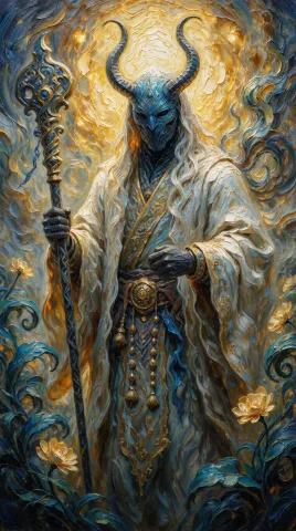 Horned Mystical Figure In Flowing White Robes And Blue Mask... — Stable Diffusion AI Prompt: horned mystical figure in flowing white robes and blue mask holding an ornate st...