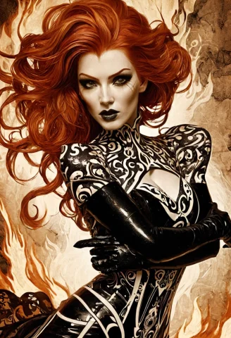 A Striking Red-haired Woman Poses In A Dramatic Black-and-cr... — SDXL AI Prompt: A striking red-haired woman poses in a dramatic black-and-cream fantasy outfit,...