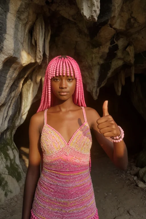 1girl, Pink Hair, Beads , Beaded Dress, Thumbs Up, Cave Fron...