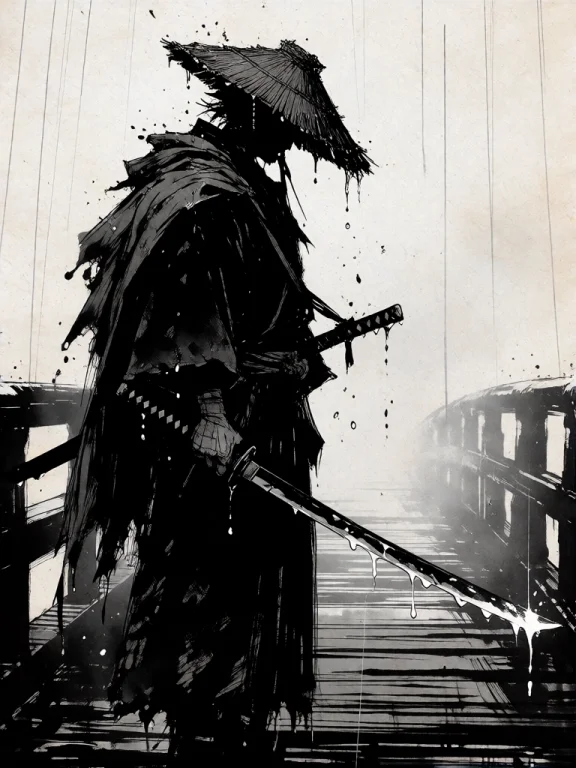 A Black And White Digital Illustration In A Japanese Ink Was...