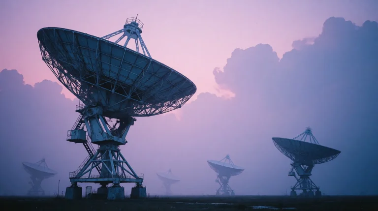Wide Cinematic View Of A Giant Radio Telescope With Several...