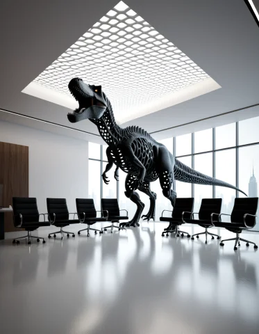An Enormous Tyrannosaurus Rex Standing Inside A Minimalist O... — SDXL AI Prompt: An enormous Tyrannosaurus rex standing inside a minimalist open-plan corporate m...