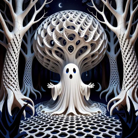A Gigantic Friendly Ghost Completely Transformed Into An Int... — SDXL AI Prompt: A gigantic friendly ghost completely transformed into an intricate white matte g...