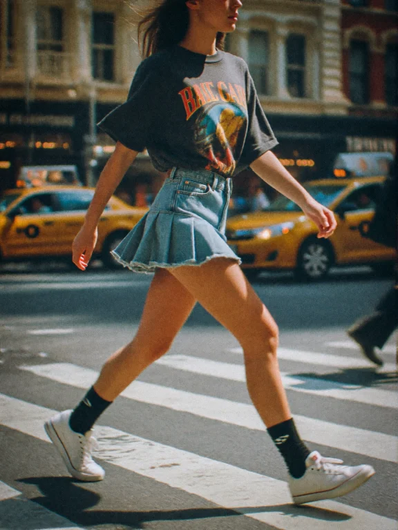 Full-body Vertical Photo Of A Young Woman Walking Briskly Ac...