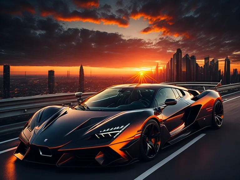 Luxury Car, Sunset, View From Roof, City Lights In The Backg...