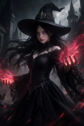 Dark Gothic Witch Girl With Pale Skin And Piercing Violet Ey... — Stable Diffusion AI Prompt: Dark gothic witch girl with pale skin and piercing violet eyes, wearing an ornat...