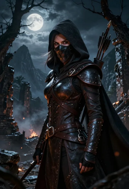 A Dark Fantasy Cinematic Portrait Of A Female Rogue Standing...