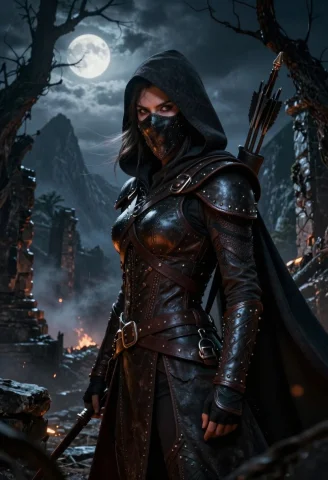 A Dark Fantasy Cinematic Portrait Of A Female Rogue Standing... — Stable Diffusion AI Prompt: A dark fantasy cinematic portrait of a female rogue standing in a moonlit mounta...