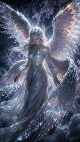 The Subject Is An Ethereal Warrior Angel With Delicate, Tran... — Stable Diffusion AI Prompt: The subject is an ethereal warrior angel with delicate, translucent wings that s...