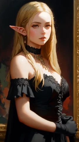 A Young Teen Elf Girl Wearing Medieval Decorative Black Gown... — Stable Diffusion AI Prompt: a young teen ((elf)) girl wearing medieval decorative ((black gown)), long golde...