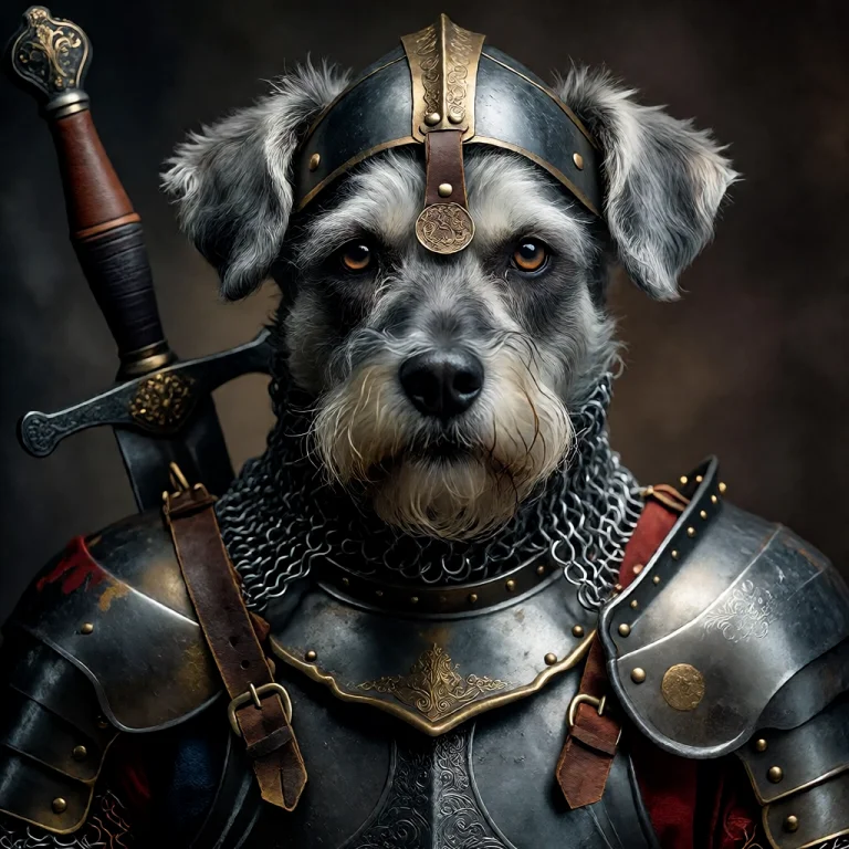 Majestic Elderly Grey Schnauzer Dog In Medieval Plate Armor,...
