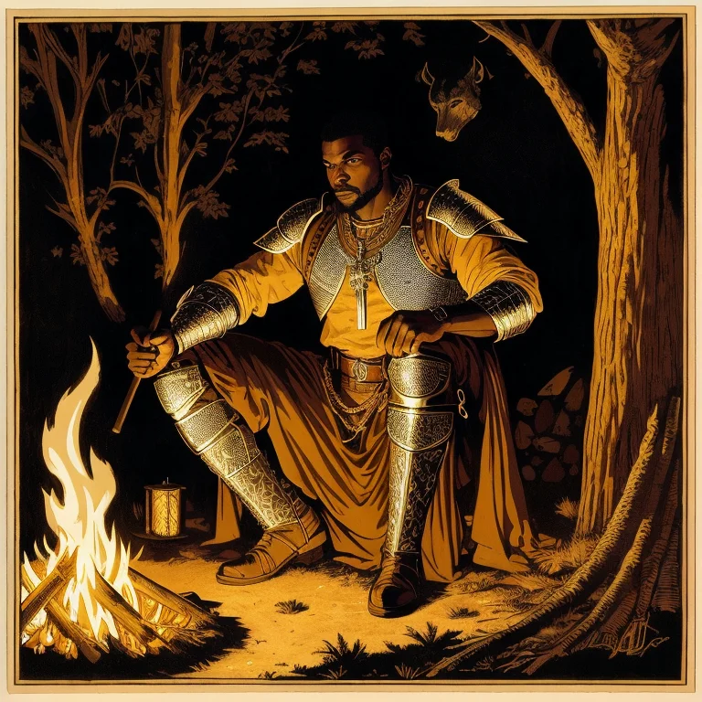 Professional Woodcut Of An African Medieval Knight Sitting C...