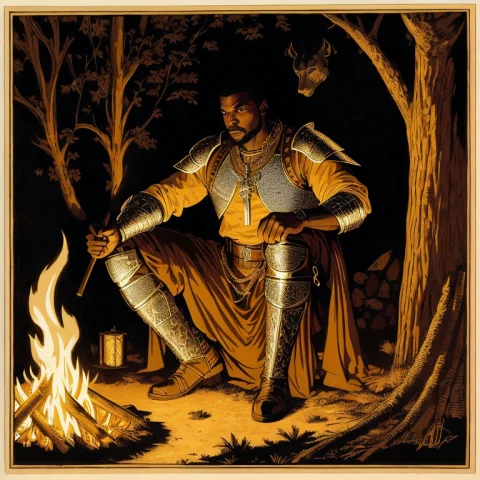Professional Woodcut Of An African Medieval Knight Sitting C... — Stable Diffusion AI Prompt: professional woodcut of an african medieval knight sitting cross-legged in front...