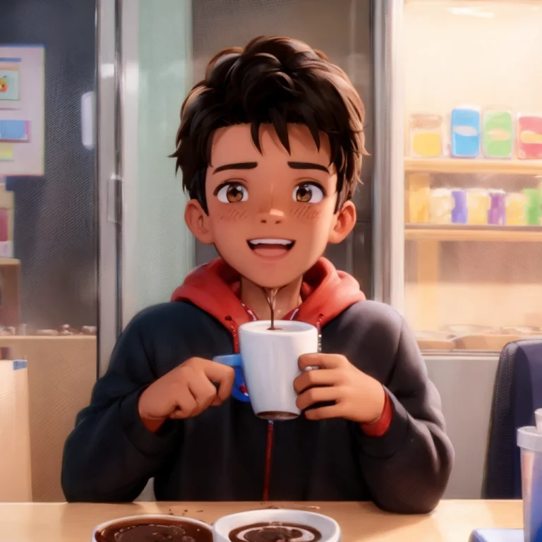 Close Up Of A Boy, Happy, Driking A Hot Chocolate, Brown Eye...