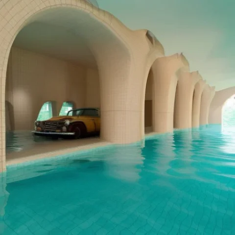 Old Car Inside Of Scrpoolrooms Filled With Water — Stable Diffusion AI Prompt: (old car inside of (scrpoolrooms)) filled with water