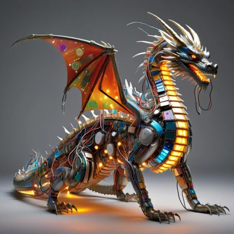 A Majestic Dragon Built Completely From Dense Circuitry, Dra... — SDXL AI Prompt: a majestic dragon built completely from dense circuitry, dragon body covered in...