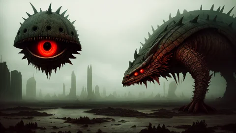Dystopian Wasteland World, Foggy Place, And A Giant, Red-eye... — Stable Diffusion AI Prompt: Dystopian Wasteland world, foggy place, and a giant, red-eyed creature stalks th...