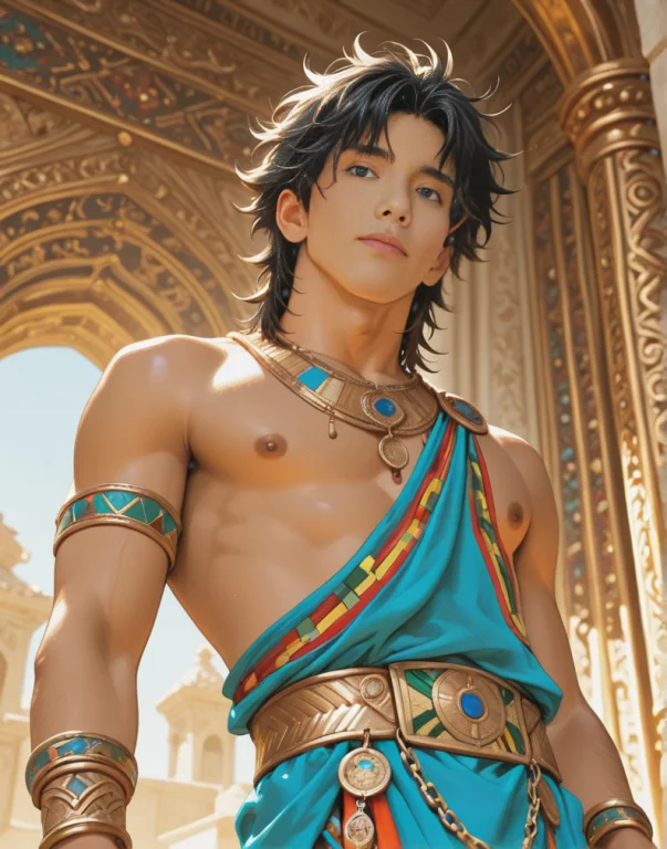 1boy, Male Focus, Greek Twink, Short Black Messy Hair, Blue...