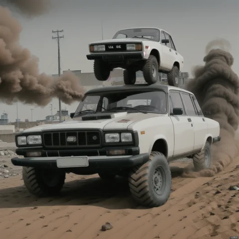 Poster For Movie, Lada Car In Mad Max, Monster Truck, Photo,... — Stable Diffusion AI Prompt: poster for movie, lada car in mad max, monster truck, photo, ((soil and dirt fli...