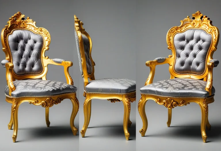 A Gilded Rococo Chair, Multiple Views, Grey Background, High...