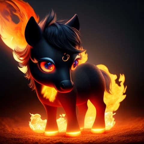 A Photorealistic Adorable Black Foal Covered In Flames, Over... — Stable Diffusion AI Prompt: A photorealistic adorable black foal covered in flames, oversized head, oversize...