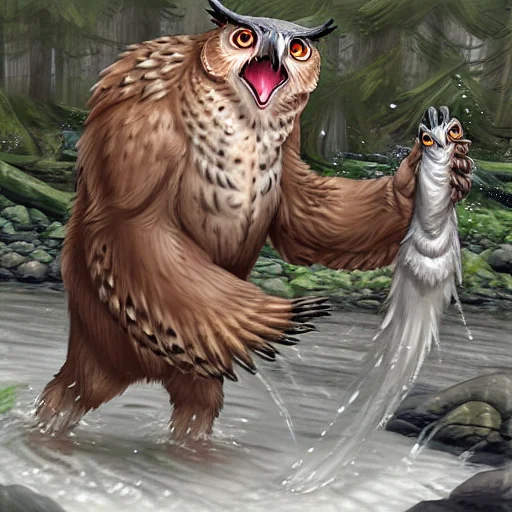 Owlbear Catching Salmon In A Creek