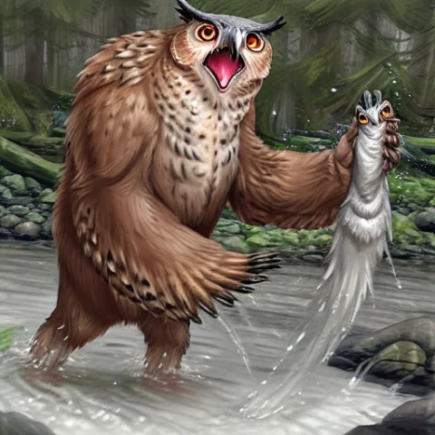 Owlbear Catching Salmon In A Creek — Stable Diffusion AI Prompt: Owlbear catching salmon in a creek