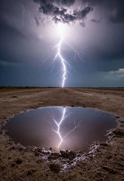 A Puddle Reflecting A Stormy Sky With Lightning, While The S...