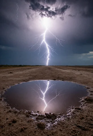 A Puddle Reflecting A Stormy Sky With Lightning, While The S... — Stable Diffusion AI Prompt: A puddle reflecting a stormy sky with lightning, while the surrounding ground is...
