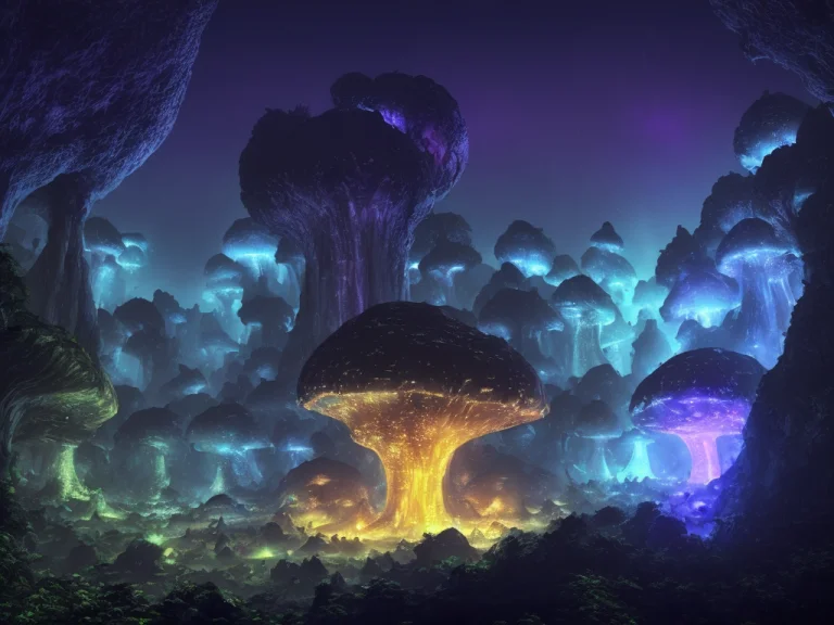 A Dark 1.4 Huge Cave Filled With Glowing High Fantasy Huge M...