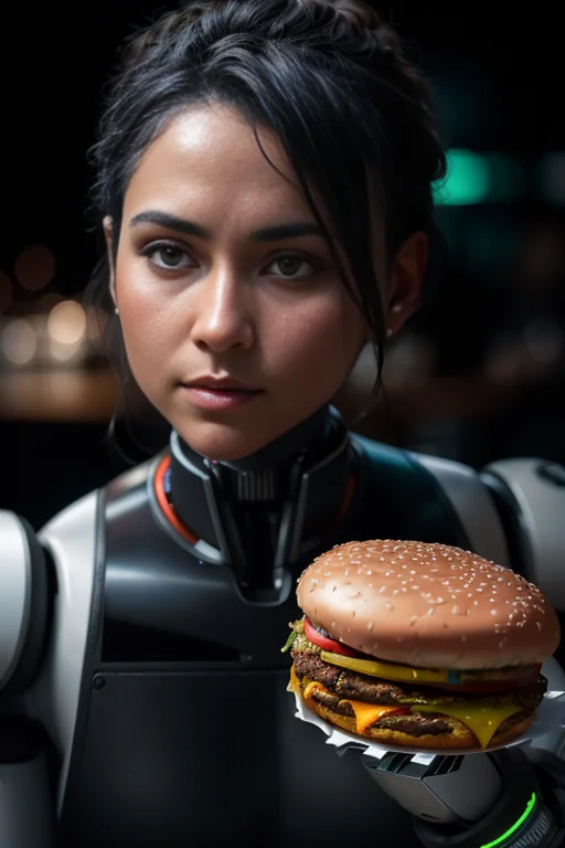 Humanoid Robot, Serving Food At A Caf, Cheeseburger, Photore...