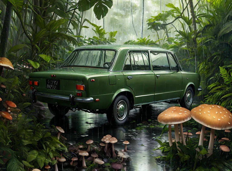 Realistic Photo Of A Lada, In Rain Forest1.4, Mushrooms1.2,...