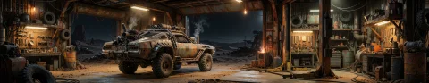 A Highly Detailed, Cinematic Post-apocalyptic Garage Inspire... — Stable Diffusion AI Prompt: A highly detailed, cinematic post-apocalyptic garage inspired by the gritty, bru...