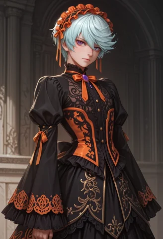 Masterpiece, Best Quality,orange And Purple Gothic Dress Wit... — Stable Diffusion AI Prompt: masterpiece, best quality,orange and purple gothic dress with lots of frills, ri...