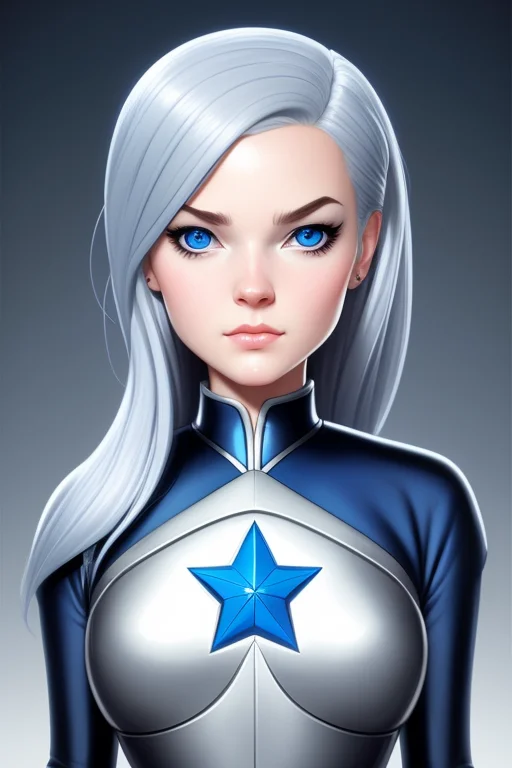 A Cartoon Woman In A Silver Suit With A Blue Eye And A Silve...