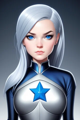 A Cartoon Woman In A Silver Suit With A Blue Eye And A Silve... — Stable Diffusion AI Prompt: a cartoon woman in a silver suit with a blue eye and a silver nose and chest wit...