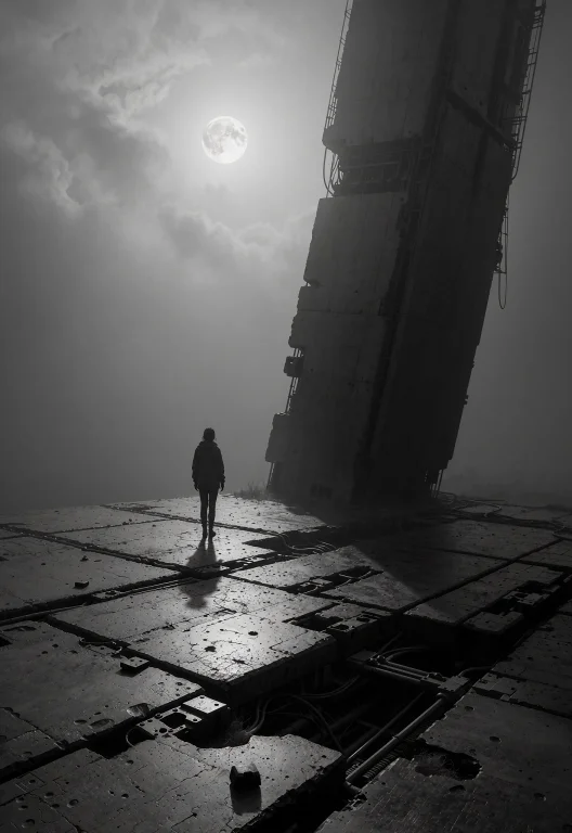 This Is A Monochromatic Photograph With A High-contrast, Noi...