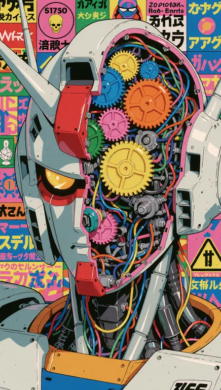 Neo-pop Artwork Of A Stylized Retro Mecha Head Half-dissecte...