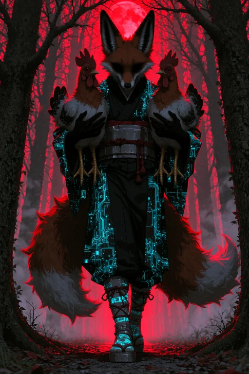 A Mysterious Fox Tengu Standing Between Ancient Cyberpunk Tr...